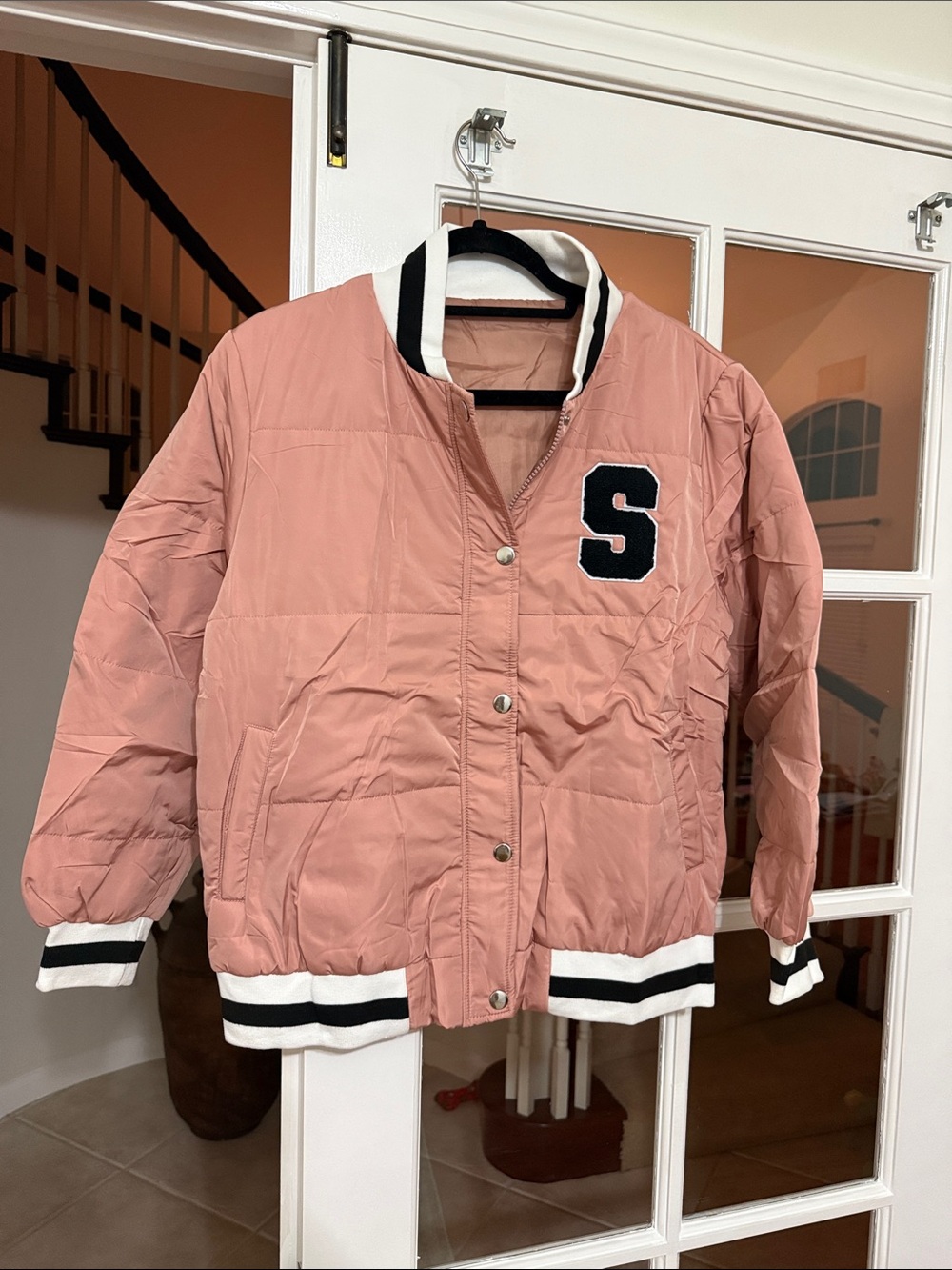 Women’s NWOT Size S Pink Satin Puffer Collegiate Jacket with Lis Angeles Logo
